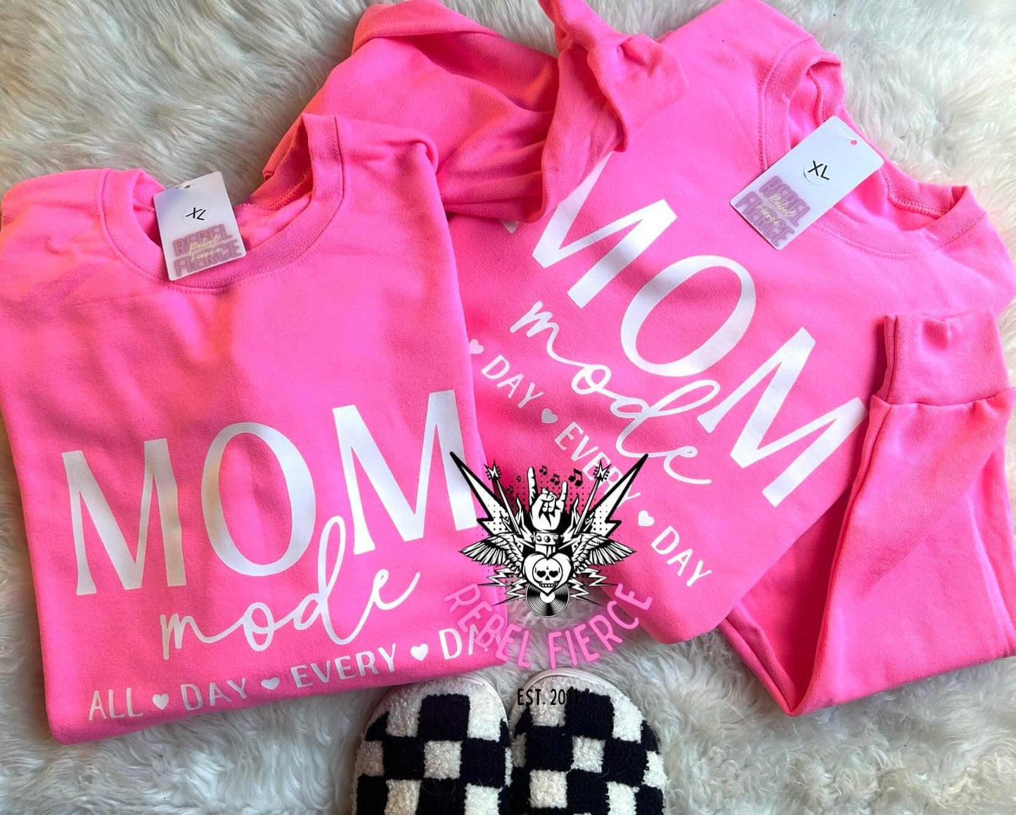 Mom Mode All Day Every Day  Neon Pink Crew Neck Sweatshirt Pull Over