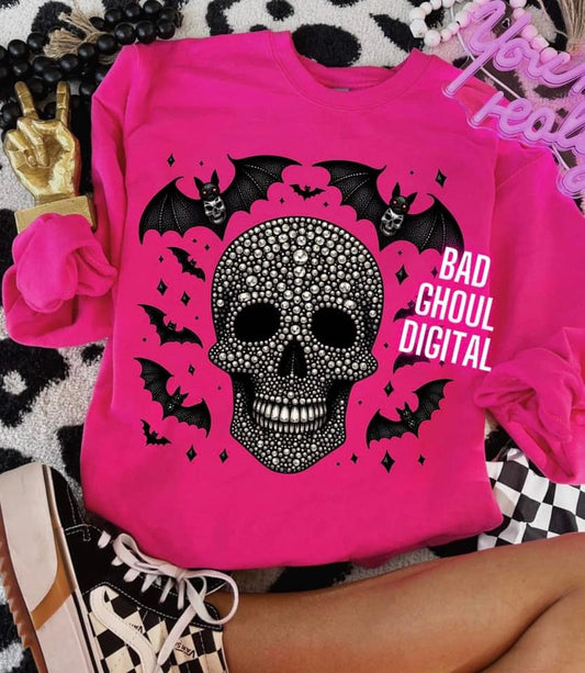 Rebel Pink Faux Bling Skull & Bats Pullover Sweatshirt