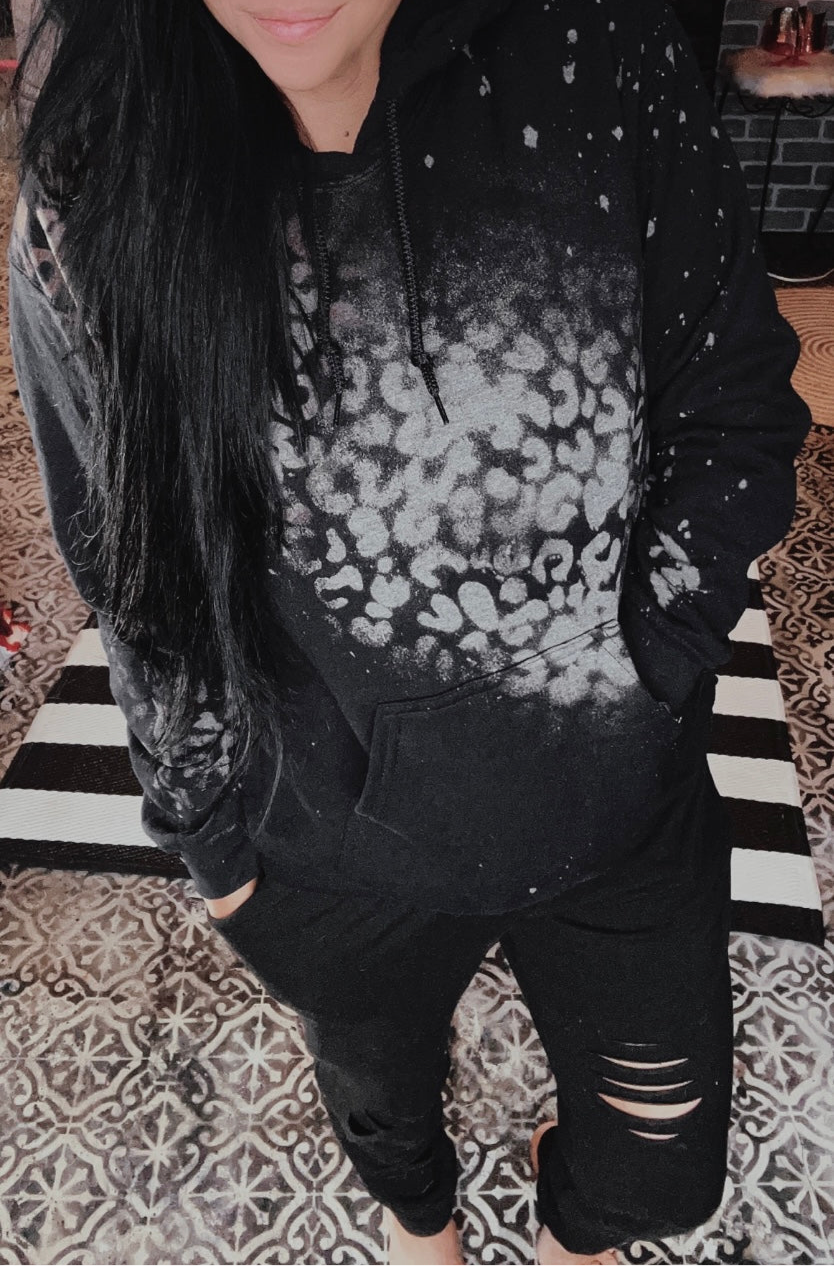 Black Distressed Look Acid Wash Cheetah Hoodie