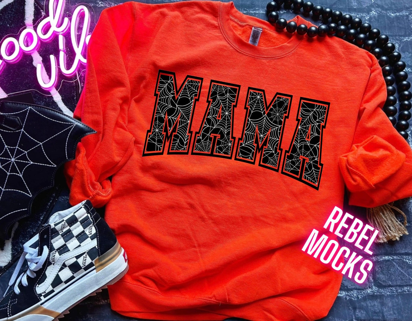 MAMA Spiderweb Orange Crew Neck Sweatshirt Pullover