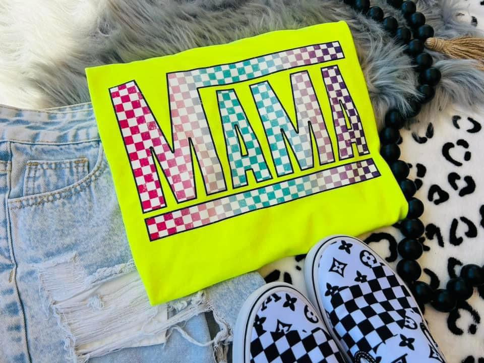 Checkered Mama Neon Yellow Tee