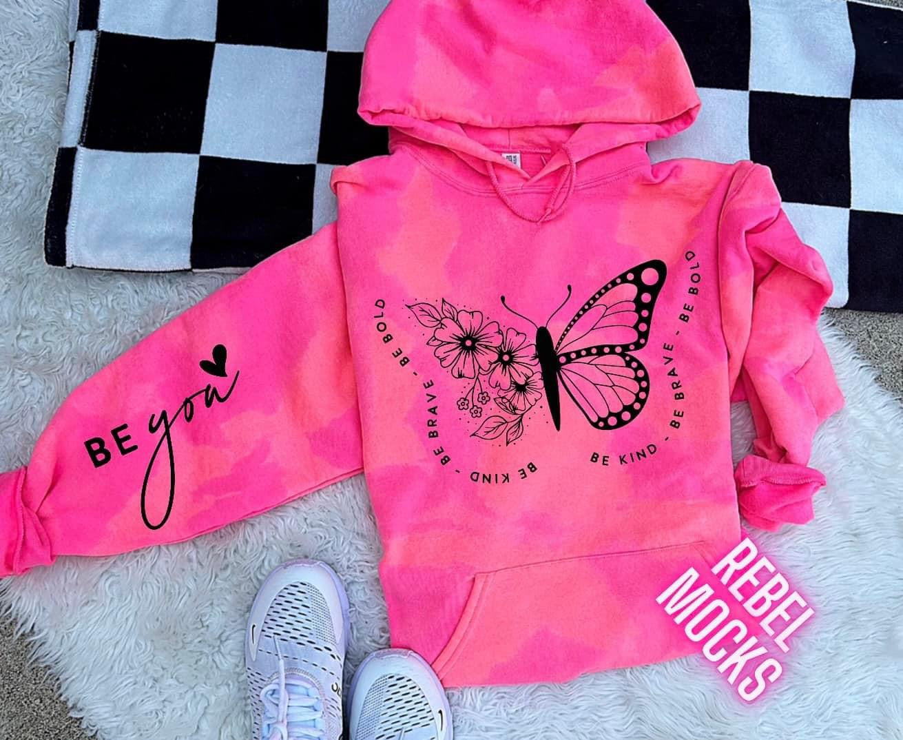 BE YOU Butterfly Acid Wash Neon Pink Sweatshirt Hoodie