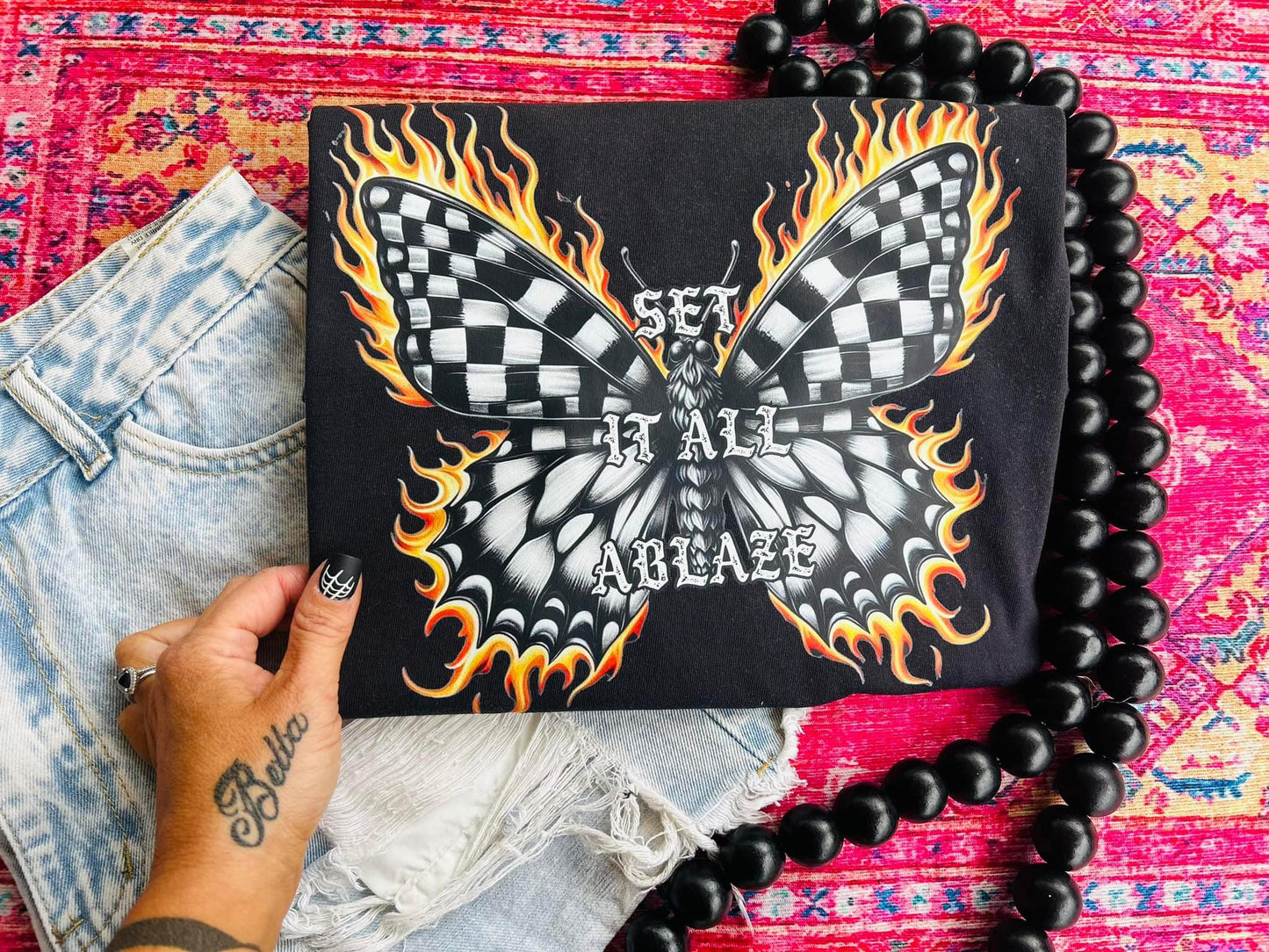 Set It All Ablaze Checkered Butterfly and Flame Tee