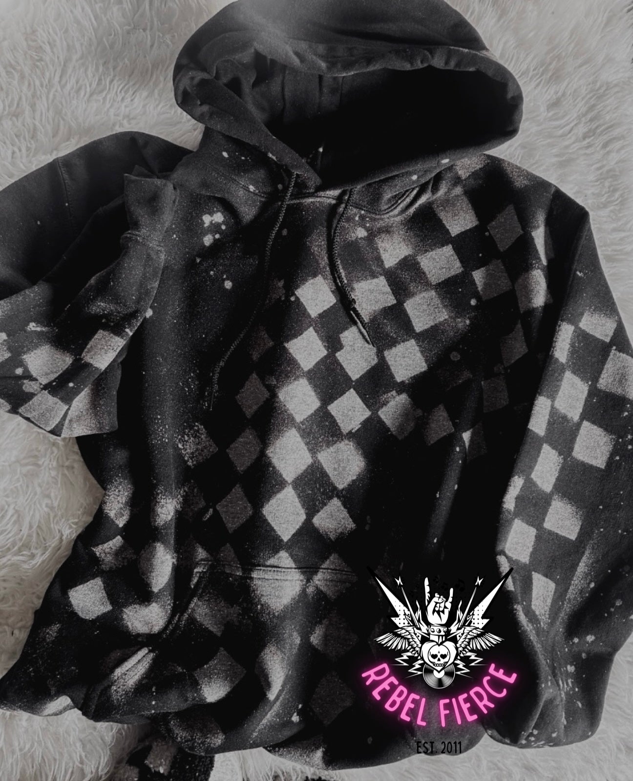 Black Distressed Look Acid Wash Checker Hoodie