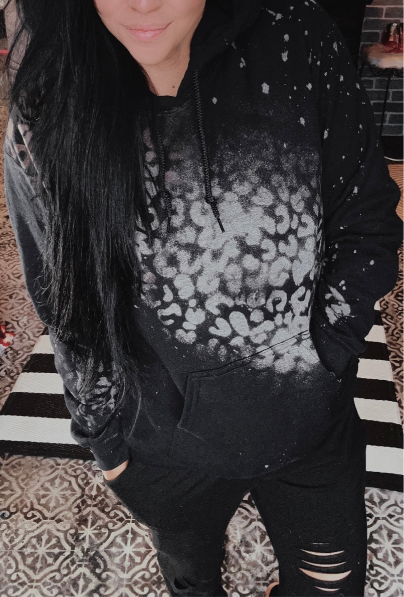 Black Distressed Look Acid Wash Cheetah Hoodie