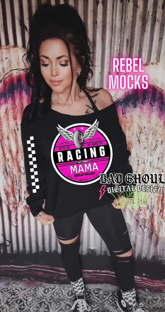 Racing Mama Off Shoulder Black Crew Neck sweatshirt Pullover