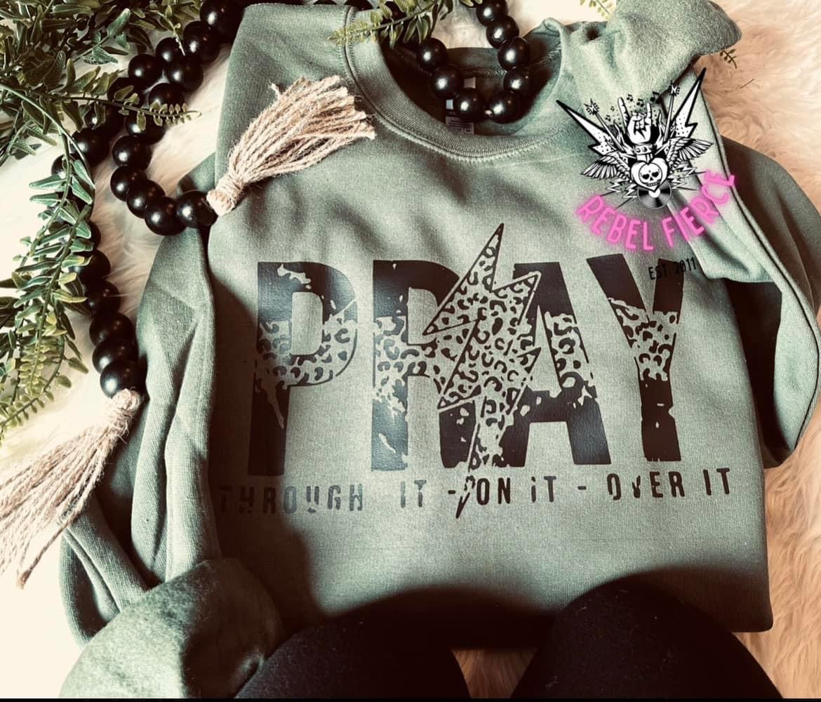 Pray Leopard Print Crew Neck Military Green Colored Sweatshirt