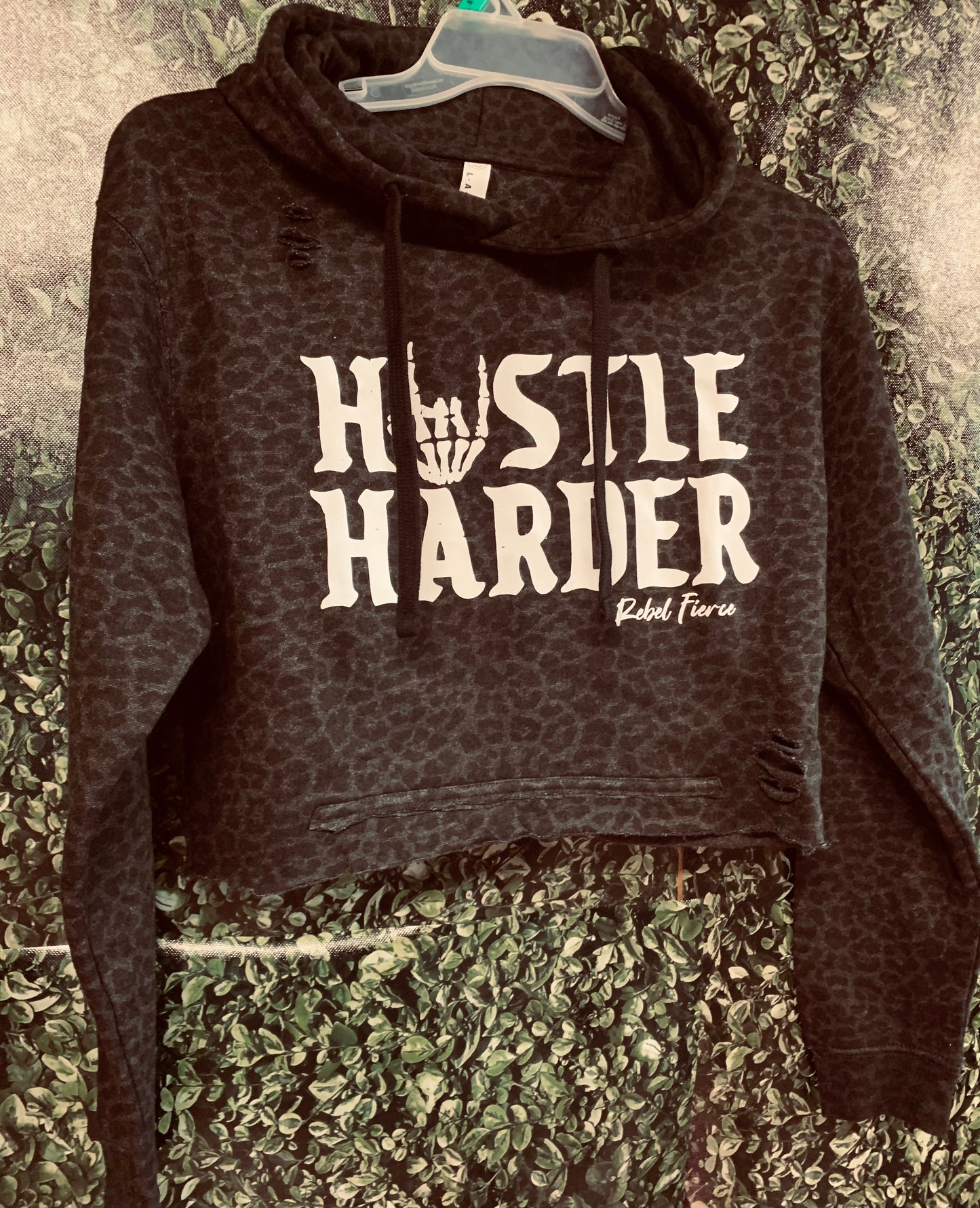 Hustle Harder Black Leopard Print Crop Hoodie