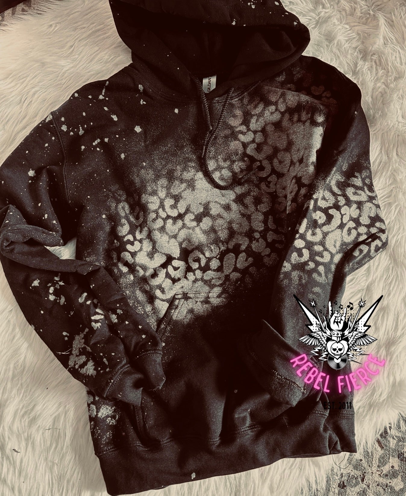 Black Distressed Look Acid Wash Cheetah Hoodie