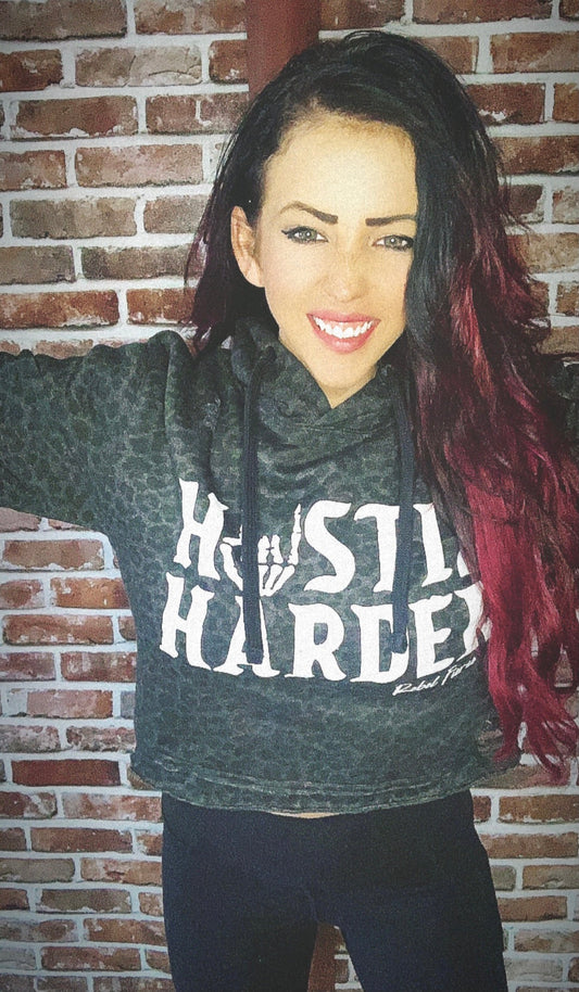 Hustle Harder Black Leopard Print Crop Hoodie