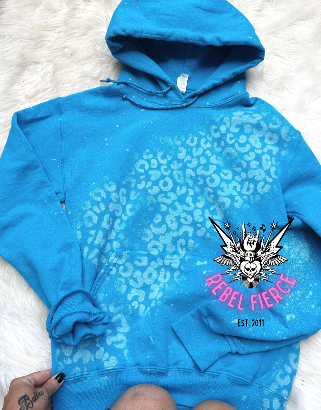 Blue Distressed Look Acid Wash Cheetah Hoodie